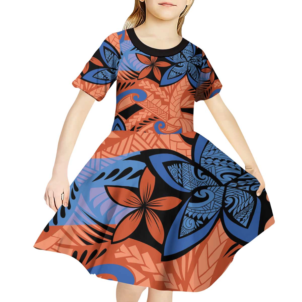 Plumeria Polynesian Pattern Kid Short Sleeve Dress Unique Fantasy Orange Blue LT01 - Polynesian Pride