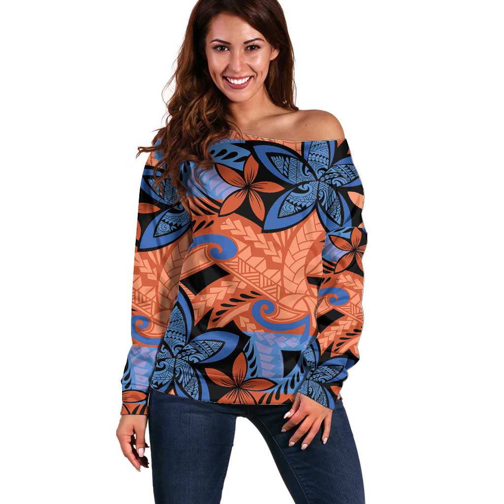 Plumeria Polynesian Pattern Off Shoulder Sweater Unique Fantasy Orange Blue LT01 Women Orange - Polynesian Pride