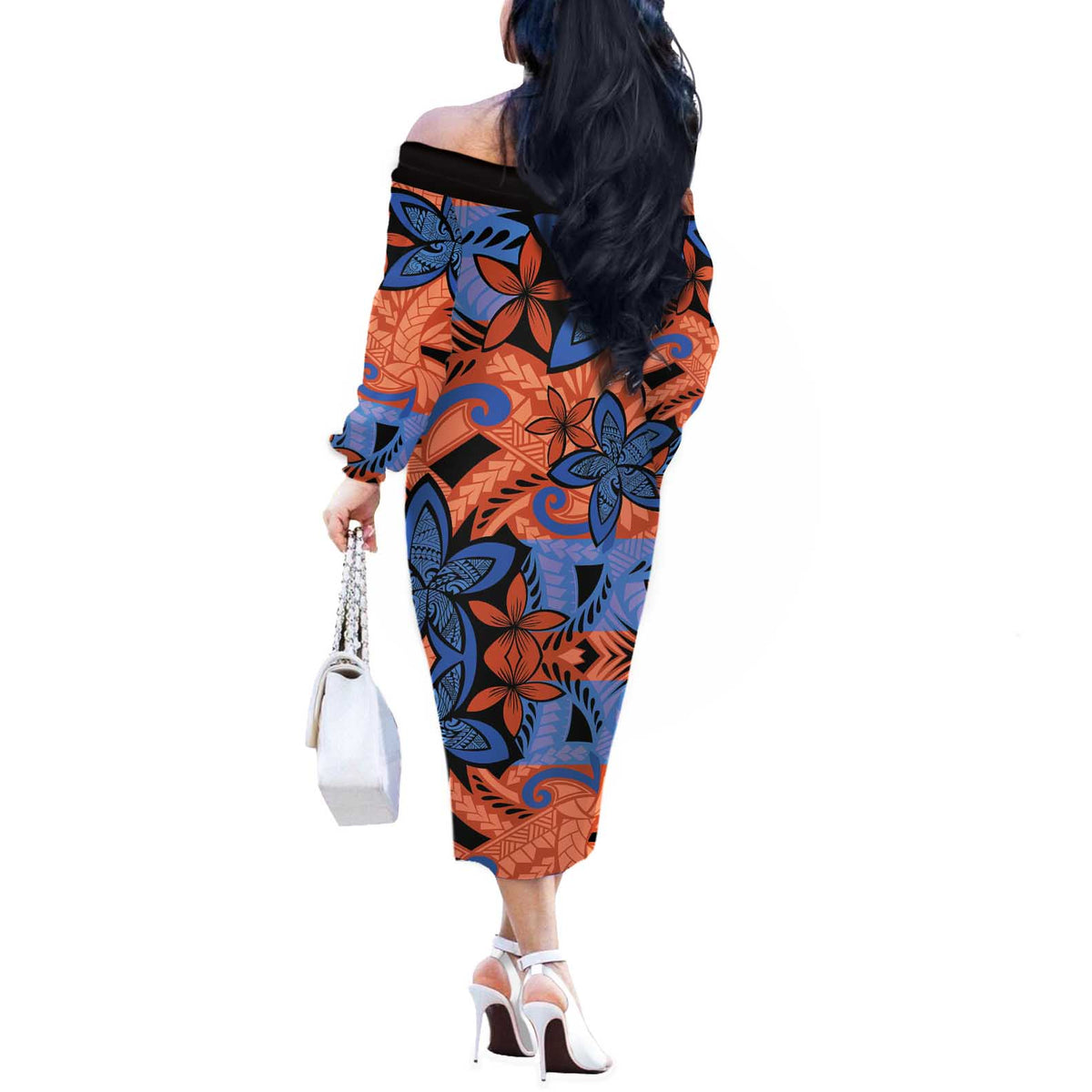 Plumeria Polynesian Pattern Off The Shoulder Long Sleeve Dress Unique Fantasy Orange Blue LT01 - Polynesian Pride