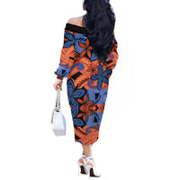 Plumeria Polynesian Pattern Off The Shoulder Long Sleeve Dress Unique Fantasy Orange Blue LT01 - Polynesian Pride