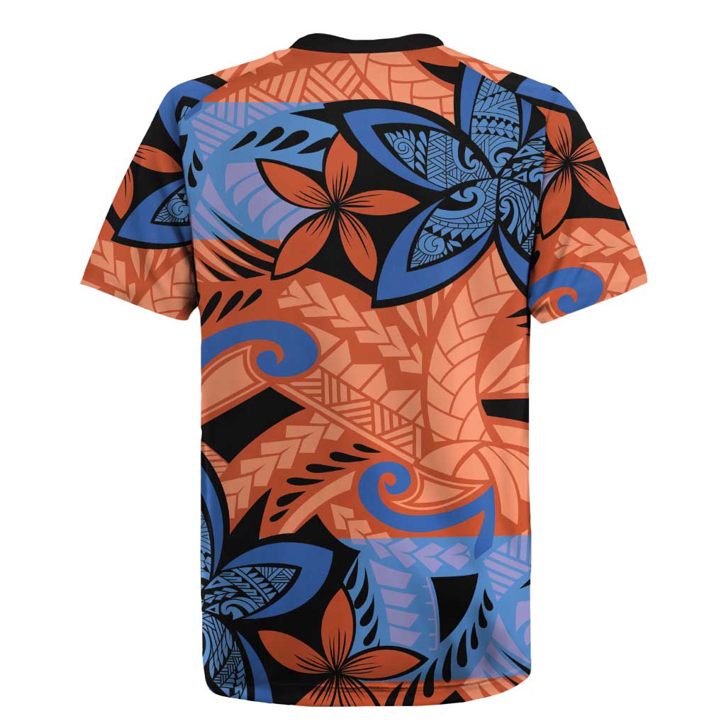 Plumeria Polynesian Pattern Rugby Jersey Unique Fantasy Orange Blue LT01 - Polynesian Pride