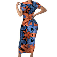Plumeria Polynesian Pattern Short Sleeve Bodycon Dress Unique Fantasy Orange Blue LT01 Long Dress Orange - Polynesian Pride