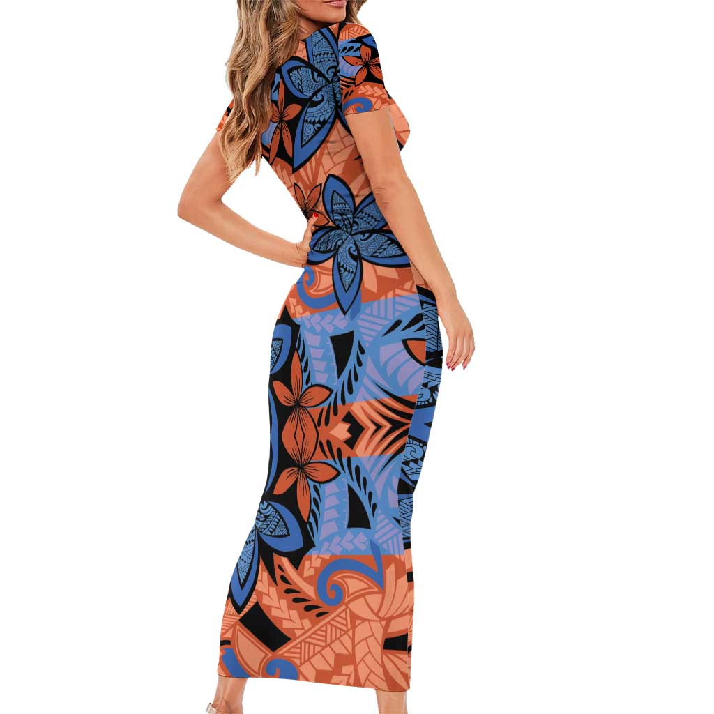 Plumeria Polynesian Pattern Short Sleeve Bodycon Dress Unique Fantasy Orange Blue LT01 - Polynesian Pride