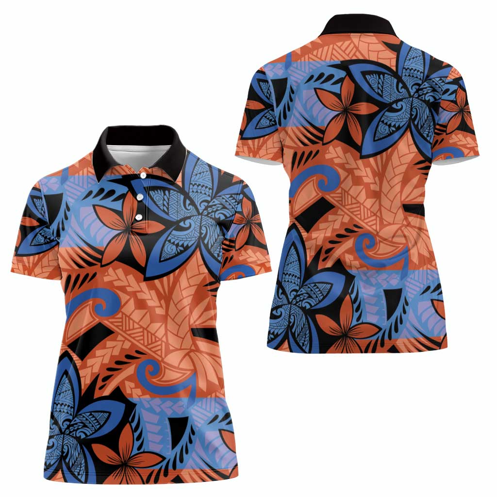 Plumeria Polynesian Pattern Women Polo Shirt Unique Fantasy Orange Blue LT01 - Polynesian Pride