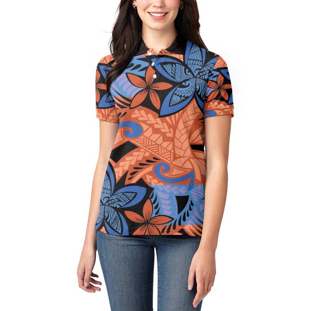 Plumeria Polynesian Pattern Women Polo Shirt Unique Fantasy Orange Blue LT01 - Polynesian Pride