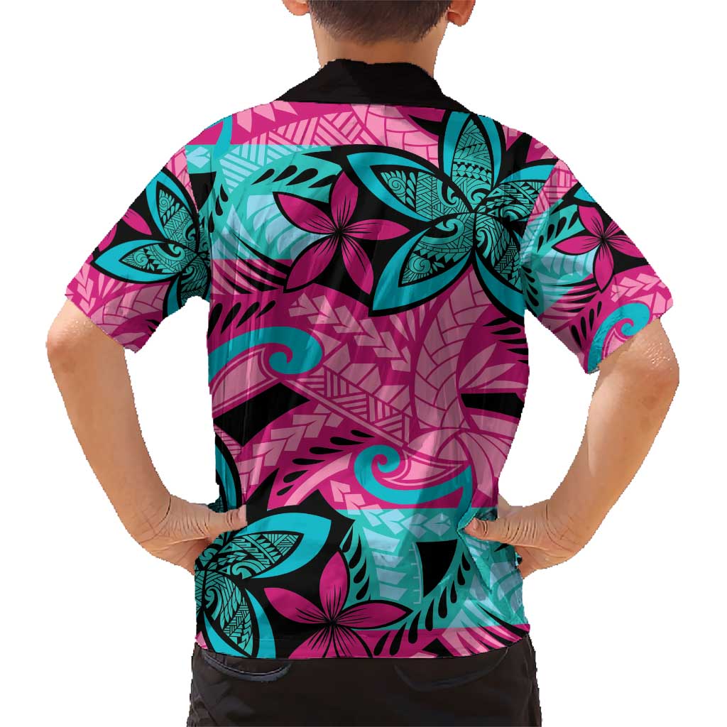 Plumeria Polynesian Pattern Kid Hawaiian Shirt Unique Fantasy Pink Teal LT01 - Polynesian Pride
