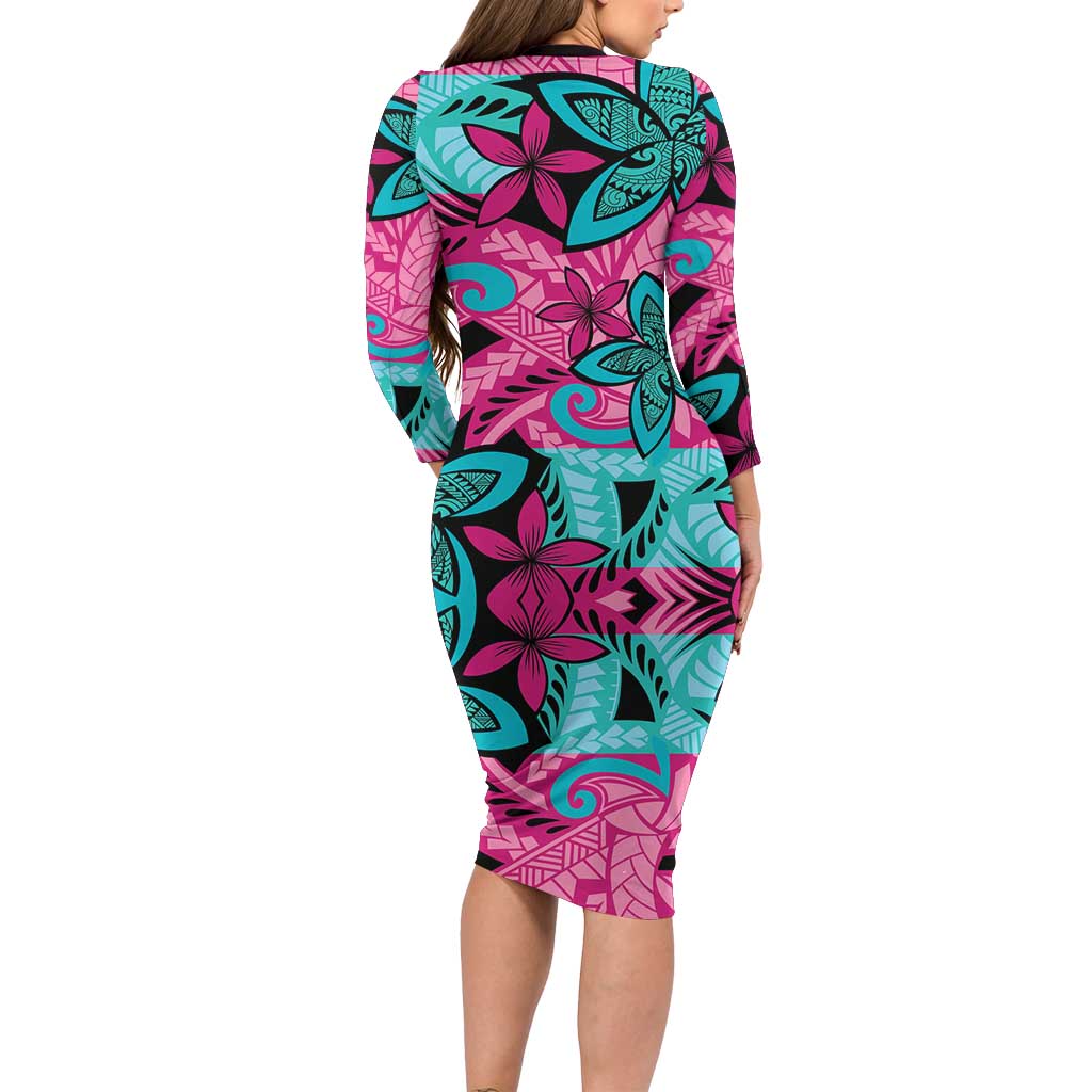 Plumeria Polynesian Pattern Long Sleeve Bodycon Dress Unique Fantasy Pink Teal LT01 - Polynesian Pride