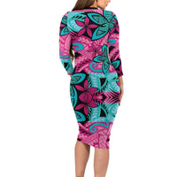 Plumeria Polynesian Pattern Long Sleeve Bodycon Dress Unique Fantasy Pink Teal LT01 - Polynesian Pride