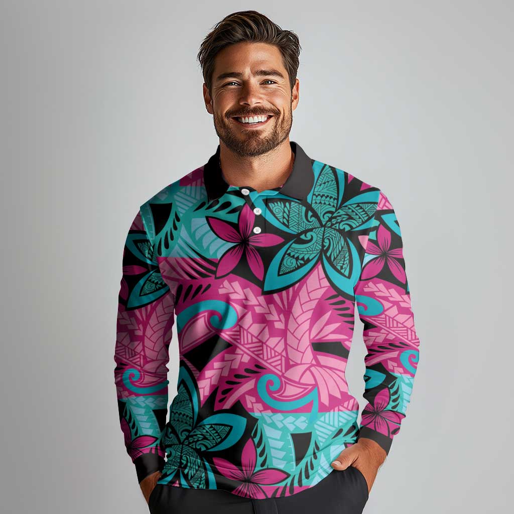 Plumeria Polynesian Pattern Long Sleeve Polo Shirt Unique Fantasy Pink Teal LT01 - Polynesian Pride