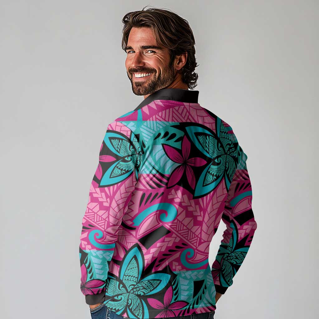 Plumeria Polynesian Pattern Long Sleeve Polo Shirt Unique Fantasy Pink Teal LT01 - Polynesian Pride