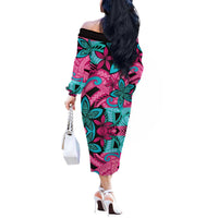 Plumeria Polynesian Pattern Off The Shoulder Long Sleeve Dress Unique Fantasy Pink Teal LT01 - Polynesian Pride