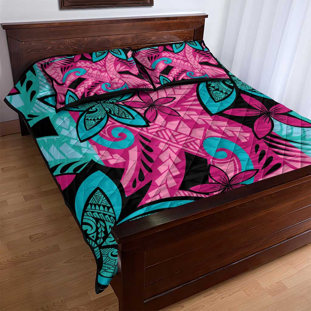 Plumeria Polynesian Pattern Quilt Bed Set Unique Fantasy Pink Teal LT01 - Polynesian Pride