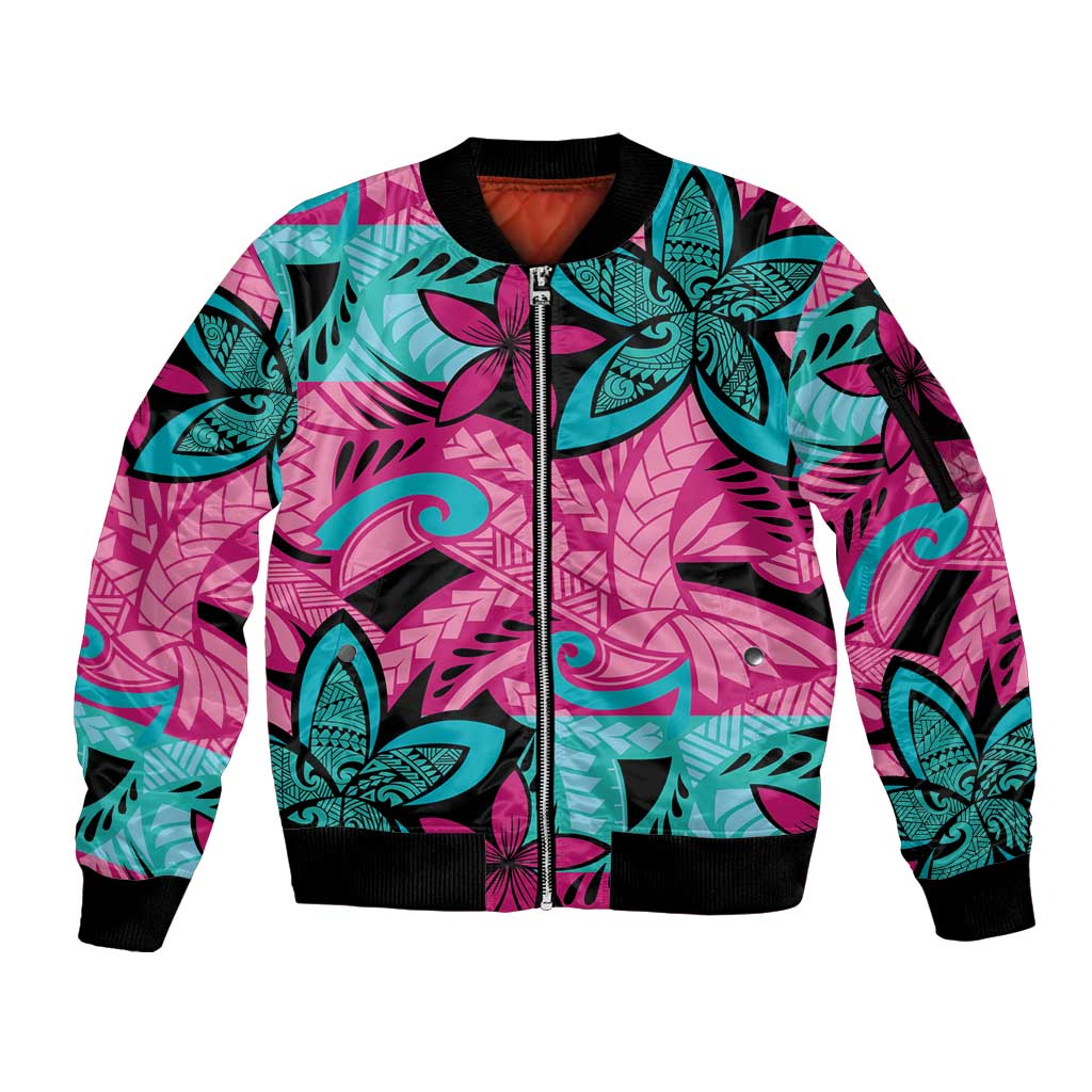 Plumeria Polynesian Pattern Sleeve Zip Bomber Jacket Unique Fantasy Pink Teal LT01 Unisex Pink - Polynesian Pride