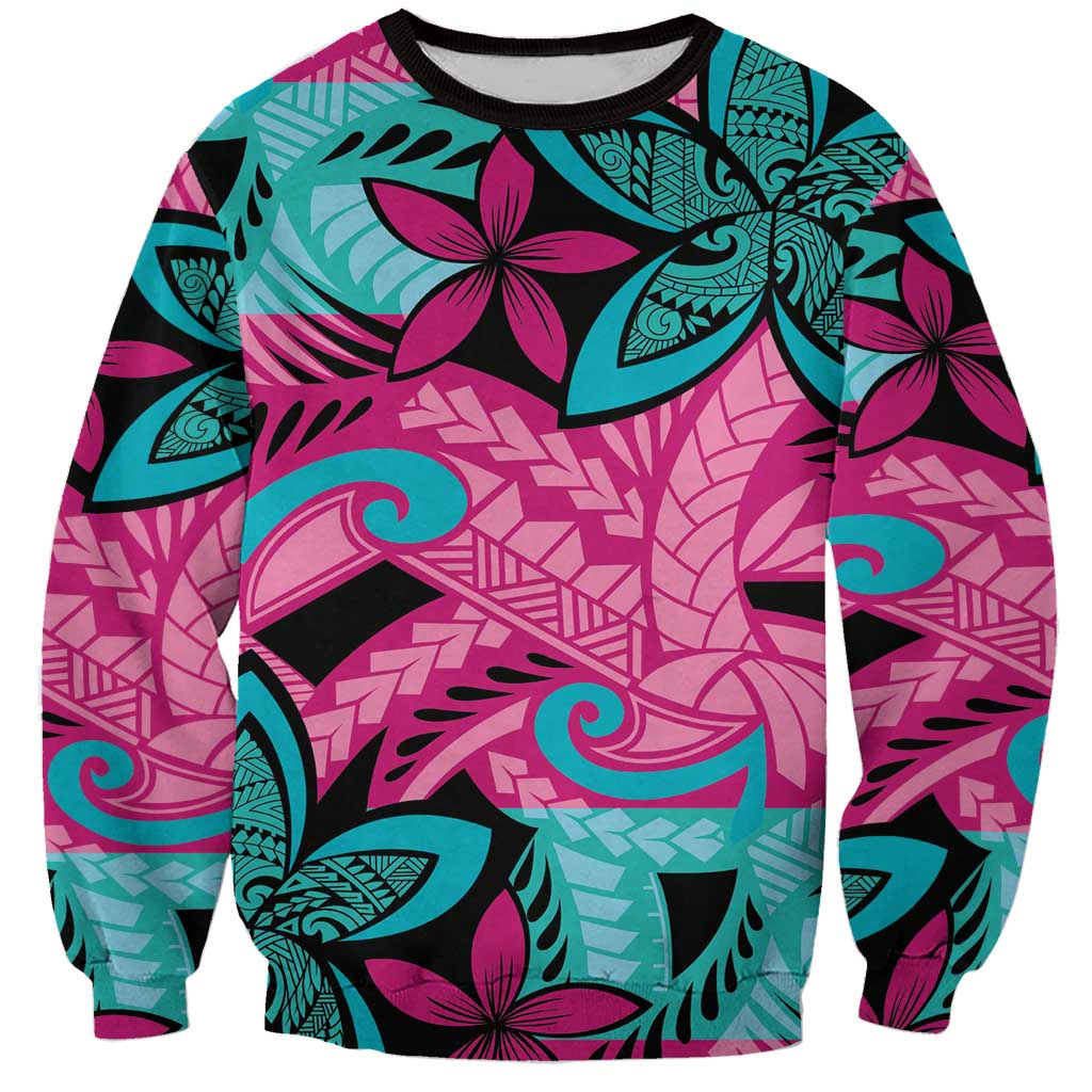 Plumeria Polynesian Pattern Sweatshirt Unique Fantasy Pink Teal LT01 Unisex Pink - Polynesian Pride
