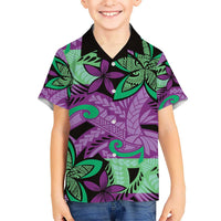 Plumeria Polynesian Pattern Kid Hawaiian Shirt Unique Fantasy Purple Green LT01 Kid Purple - Polynesian Pride