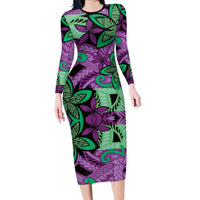 Plumeria Polynesian Pattern Long Sleeve Bodycon Dress Unique Fantasy Purple Green LT01 Long Dress Purple - Polynesian Pride