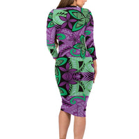 Plumeria Polynesian Pattern Long Sleeve Bodycon Dress Unique Fantasy Purple Green LT01 - Polynesian Pride