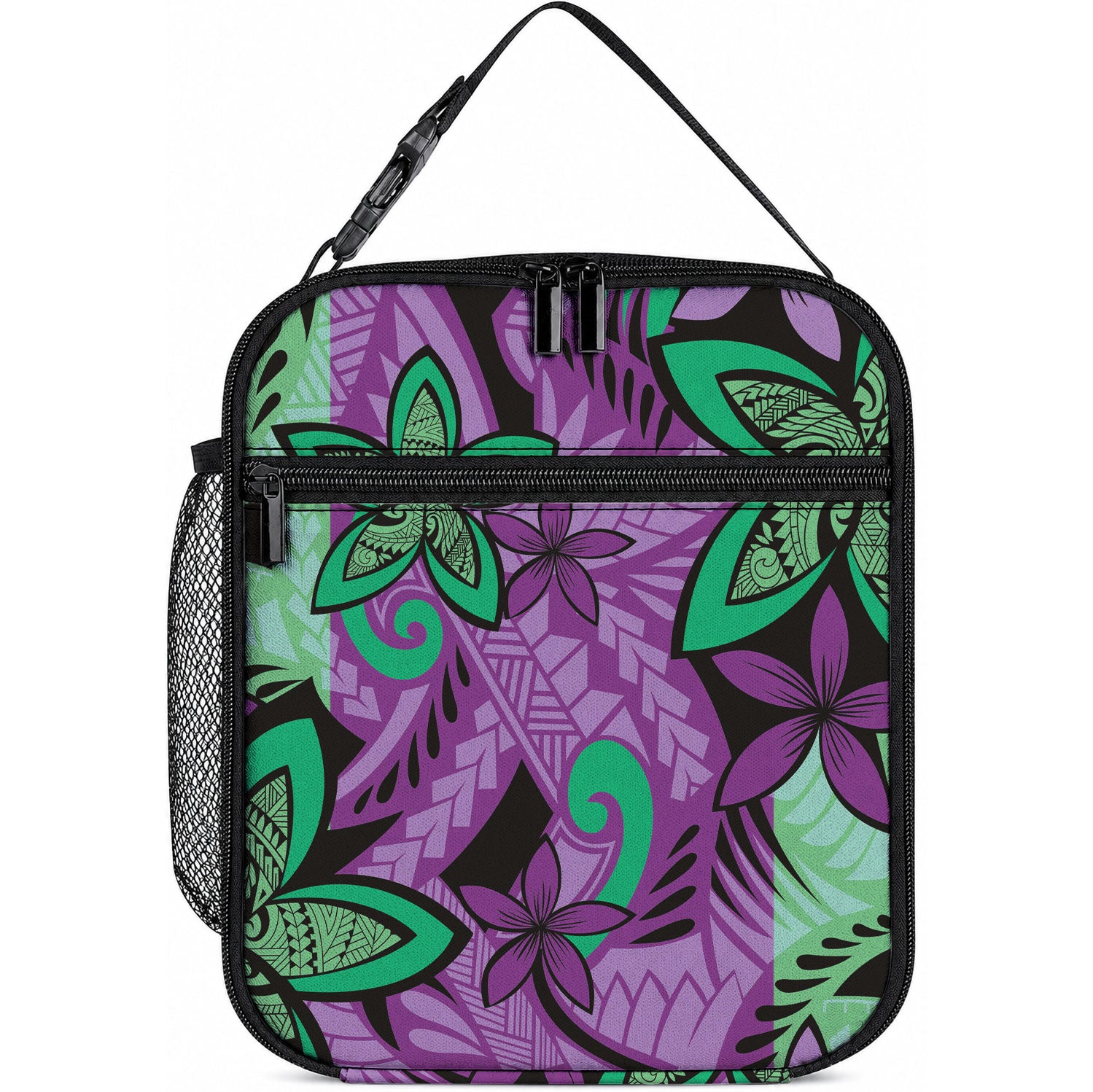 Plumeria Polynesian Pattern Lunch Bag Unique Fantasy Purple Green