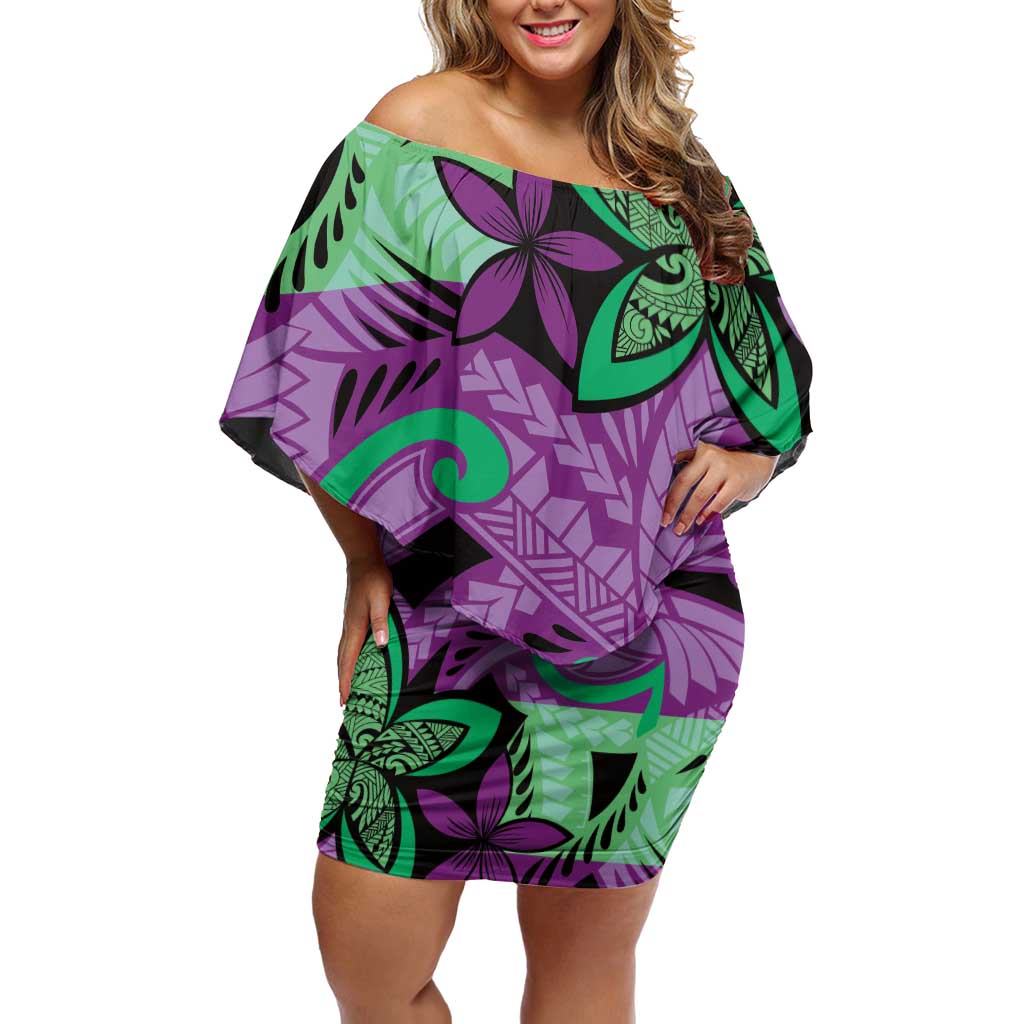 Plumeria Polynesian Pattern Off Shoulder Short Dress Unique Fantasy Purple Green LT01 Women Purple - Polynesian Pride