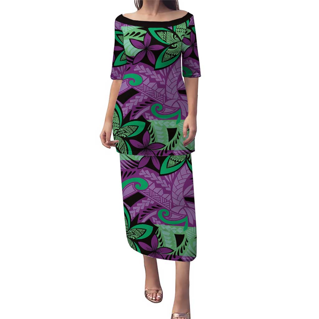 Plumeria Polynesian Pattern Puletasi Unique Fantasy Purple Green LT01 Long Dress Purple - Polynesian Pride