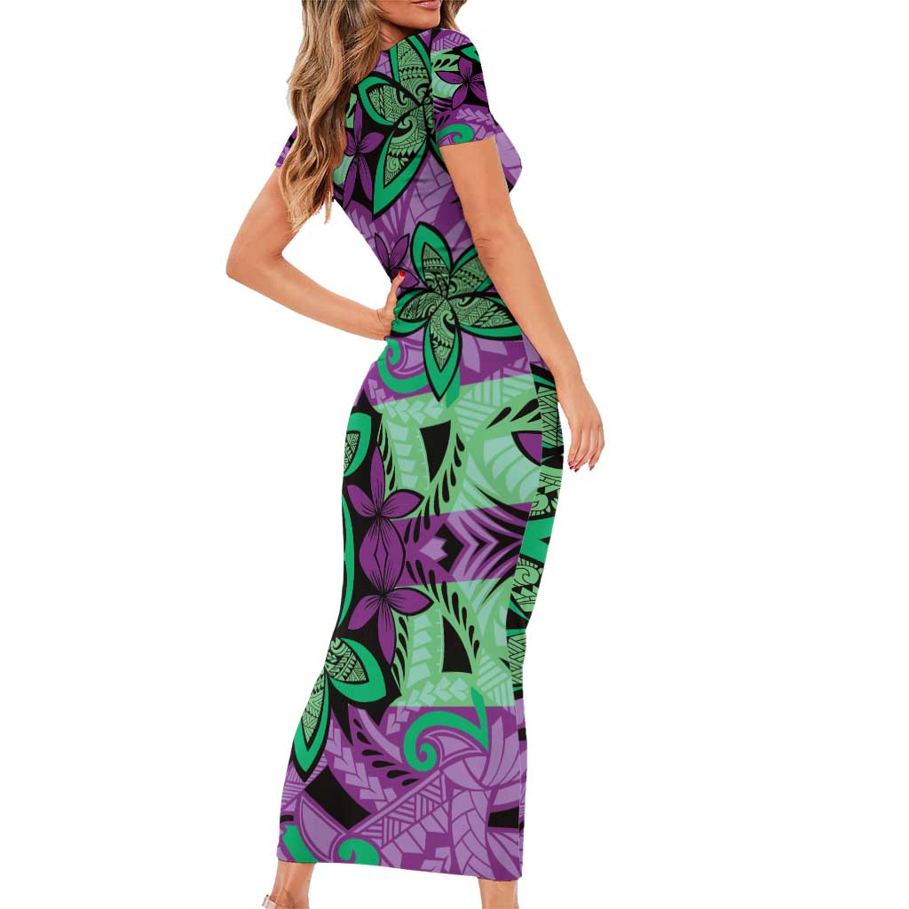 Plumeria Polynesian Pattern Short Sleeve Bodycon Dress Unique Fantasy Purple Green LT01 - Polynesian Pride