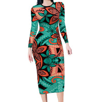 Plumeria Polynesian Pattern Long Sleeve Bodycon Dress Unique Fantasy Teal Orange LT01 Long Dress Teal - Polynesian Pride