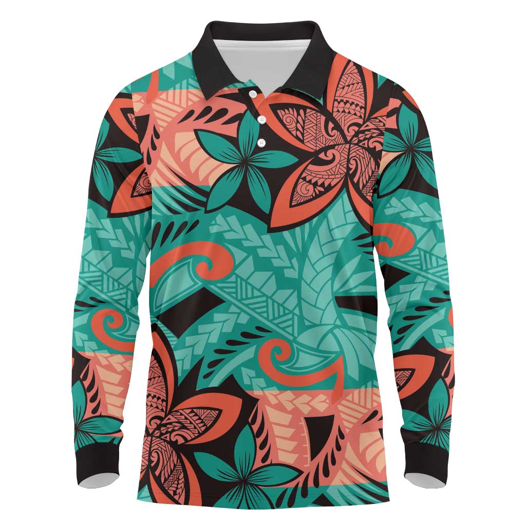 Plumeria Polynesian Pattern Long Sleeve Polo Shirt Unique Fantasy Teal Orange LT01 Teal - Polynesian Pride