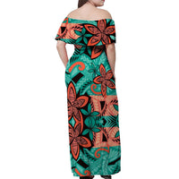 Plumeria Polynesian Pattern Off Shoulder Maxi Dress Unique Fantasy Teal Orange LT01 - Polynesian Pride