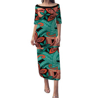 Plumeria Polynesian Pattern Puletasi Unique Fantasy Teal Orange LT01 Long Dress Teal - Polynesian Pride