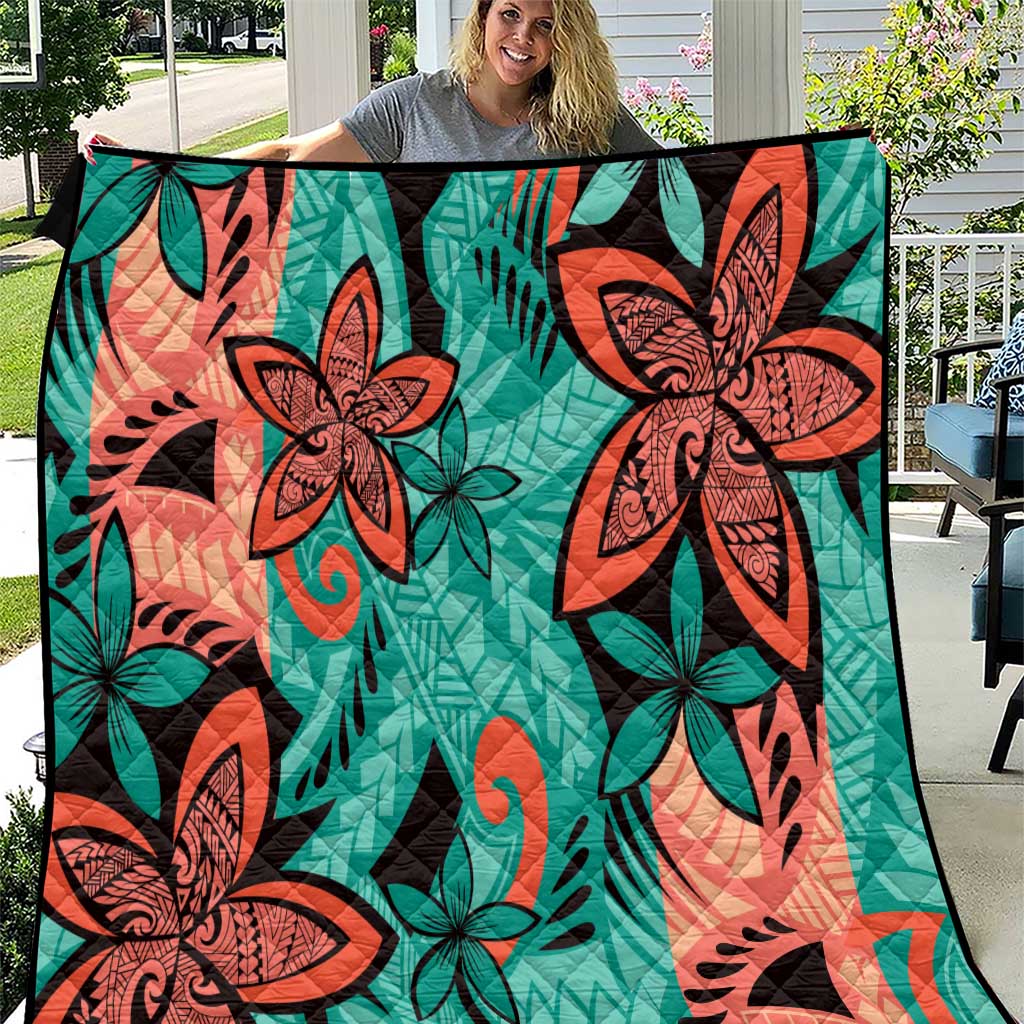 Plumeria Polynesian Pattern Quilt Unique Fantasy Teal Orange LT01 Teal - Polynesian Pride