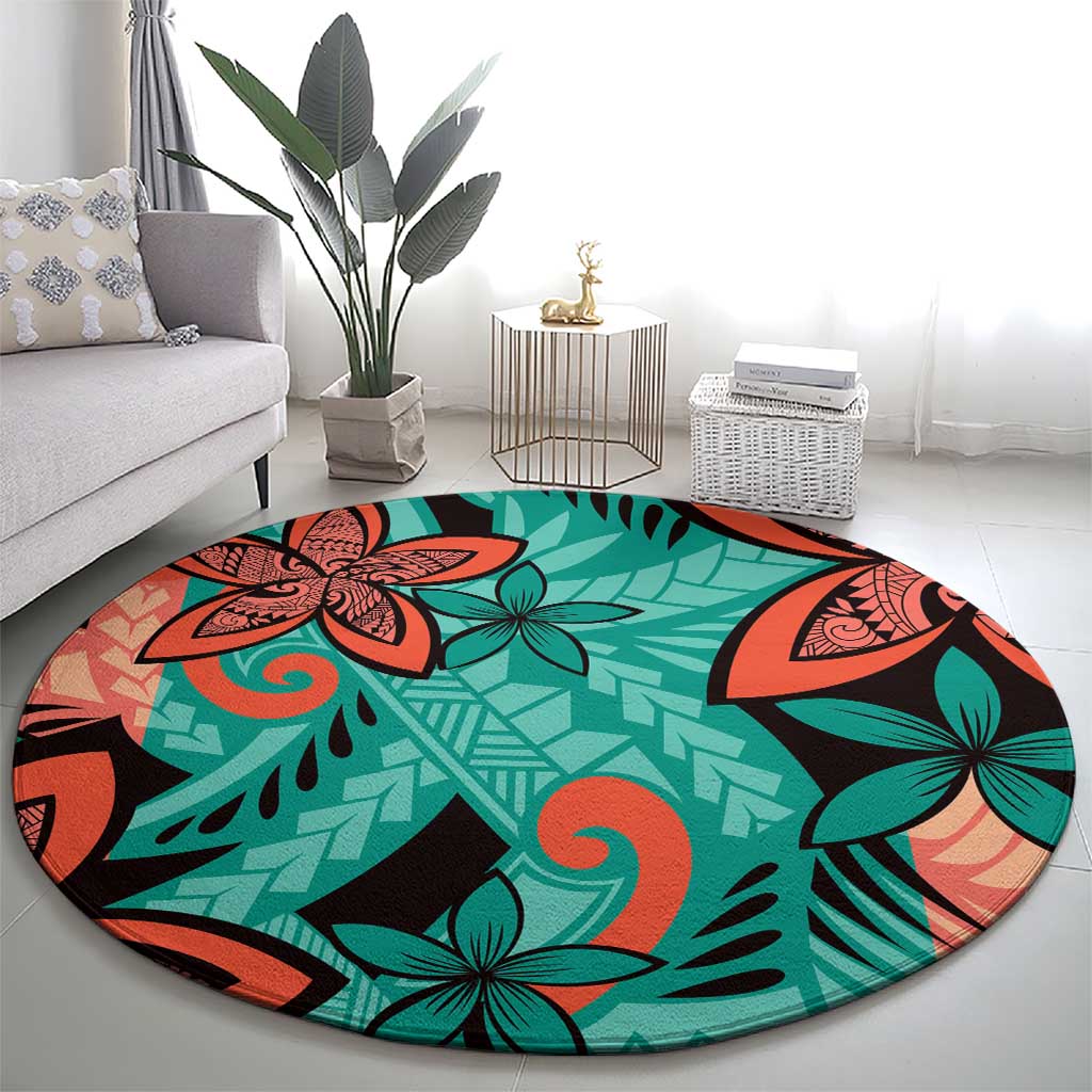 Plumeria Polynesian Pattern Round Carpet Unique Fantasy Teal Orange LT01 - Polynesian Pride