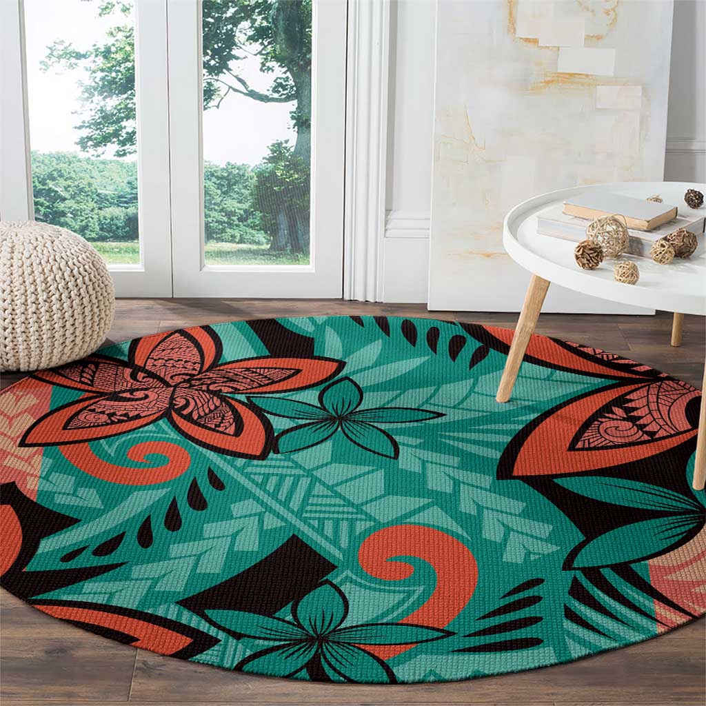 Plumeria Polynesian Pattern Round Carpet Unique Fantasy Teal Orange LT01 - Polynesian Pride