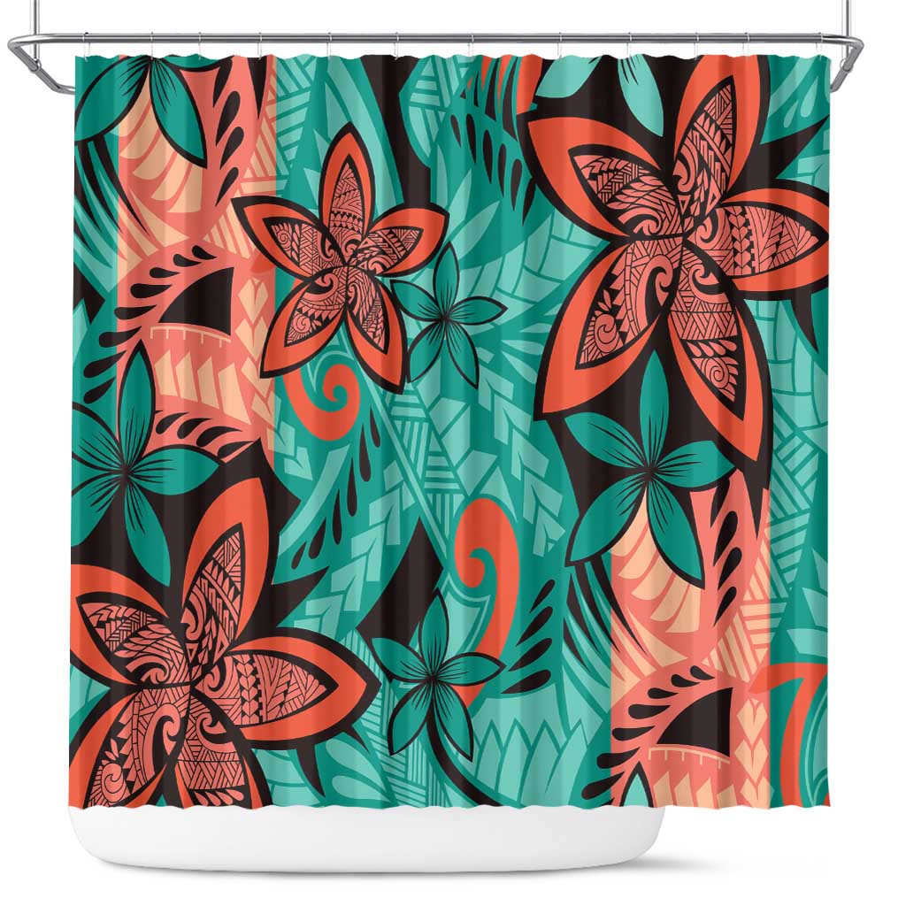 Plumeria Polynesian Pattern Shower Curtain Unique Fantasy Teal Orange LT01 Teal - Polynesian Pride