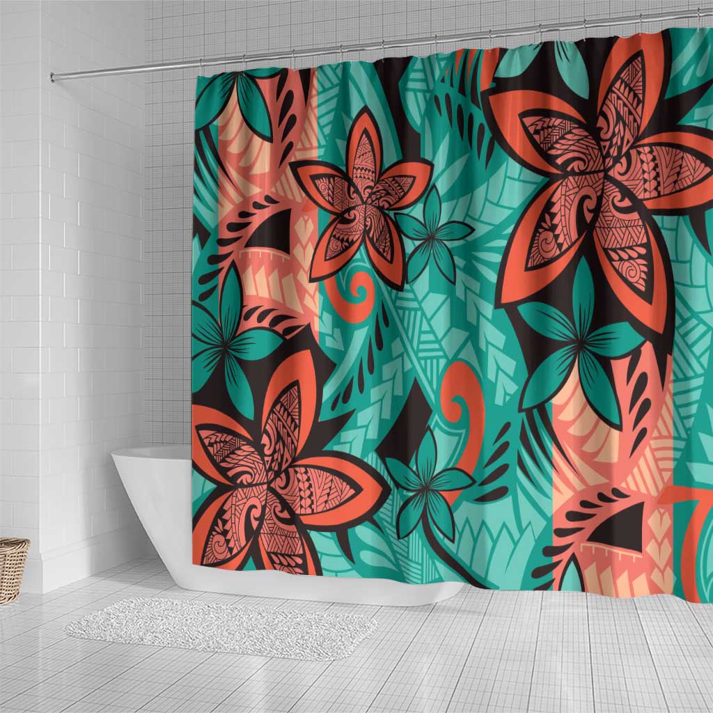 Plumeria Polynesian Pattern Shower Curtain Unique Fantasy Teal Orange LT01 - Polynesian Pride