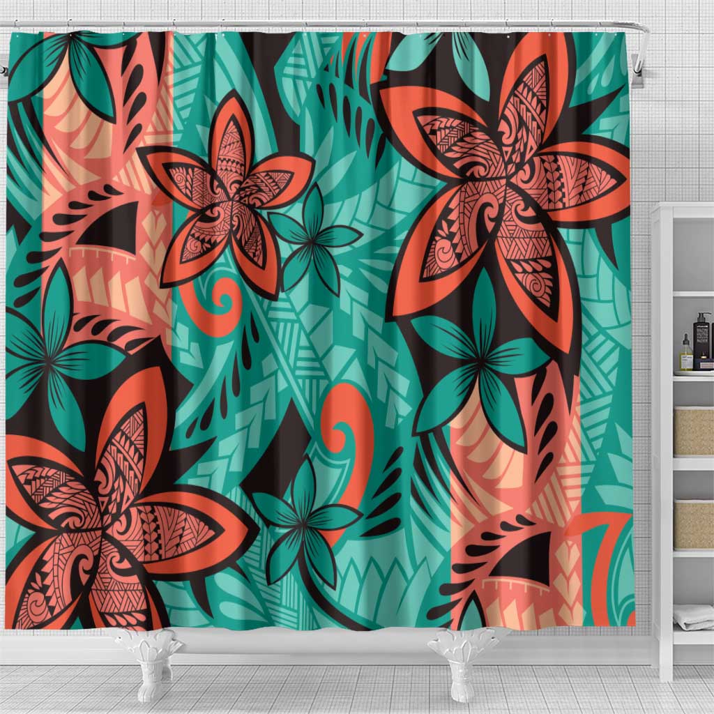 Plumeria Polynesian Pattern Shower Curtain Unique Fantasy Teal Orange LT01 - Polynesian Pride
