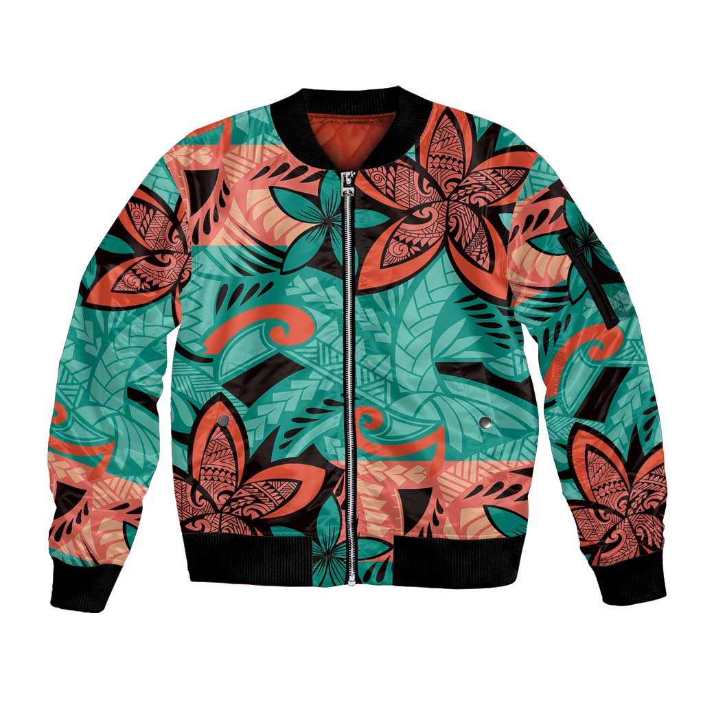Plumeria Polynesian Pattern Sleeve Zip Bomber Jacket Unique Fantasy Teal Orange LT01 Unisex Teal - Polynesian Pride
