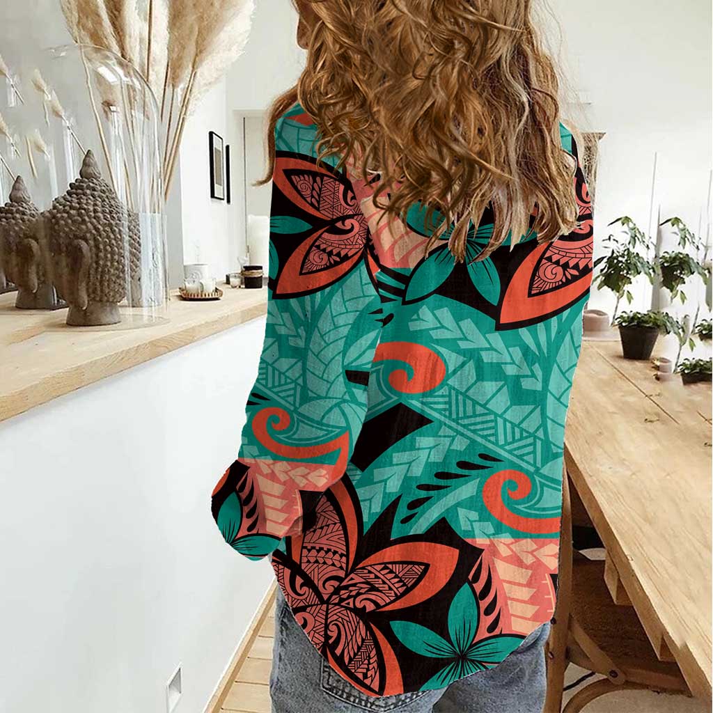 Plumeria Polynesian Pattern Women Casual Shirt Unique Fantasy Teal Orange LT01 - Polynesian Pride