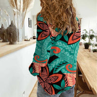 Plumeria Polynesian Pattern Women Casual Shirt Unique Fantasy Teal Orange LT01 - Polynesian Pride