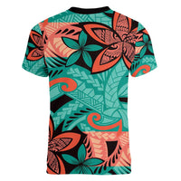 Plumeria Polynesian Pattern Women V-Neck T-Shirt Unique Fantasy Teal Orange LT01 - Polynesian Pride