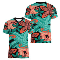 Plumeria Polynesian Pattern Women V-Neck T-Shirt Unique Fantasy Teal Orange LT01 - Polynesian Pride