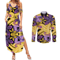 Plumeria Polynesian Pattern Couples Matching Summer Maxi Dress and Long Sleeve Button Shirt Unique Fantasy Yellow Purple LT01 Yellow - Polynesian Pride