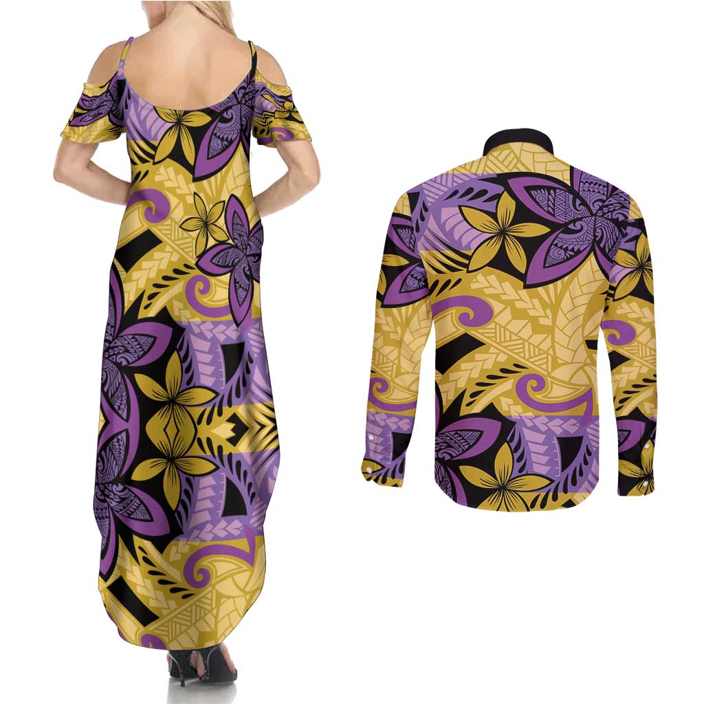 Plumeria Polynesian Pattern Couples Matching Summer Maxi Dress and Long Sleeve Button Shirt Unique Fantasy Yellow Purple LT01 - Polynesian Pride