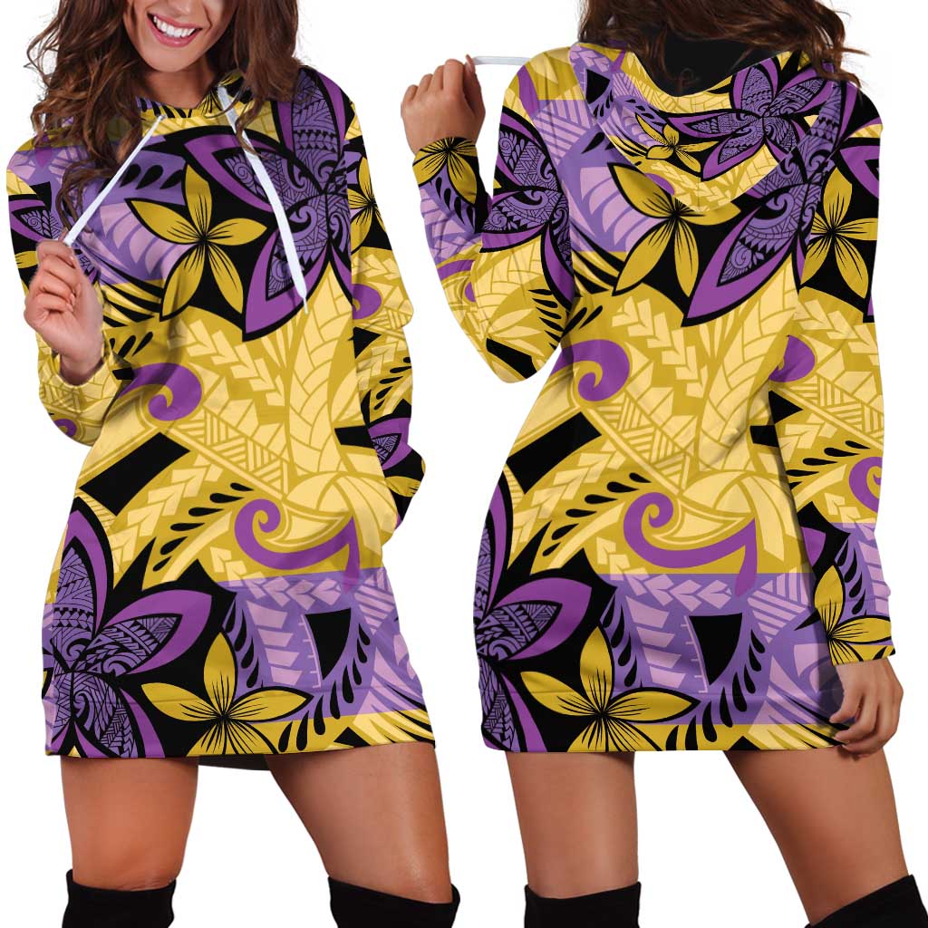 Plumeria Polynesian Pattern Hoodie Dress Unique Fantasy Yellow Purple LT01 - Polynesian Pride