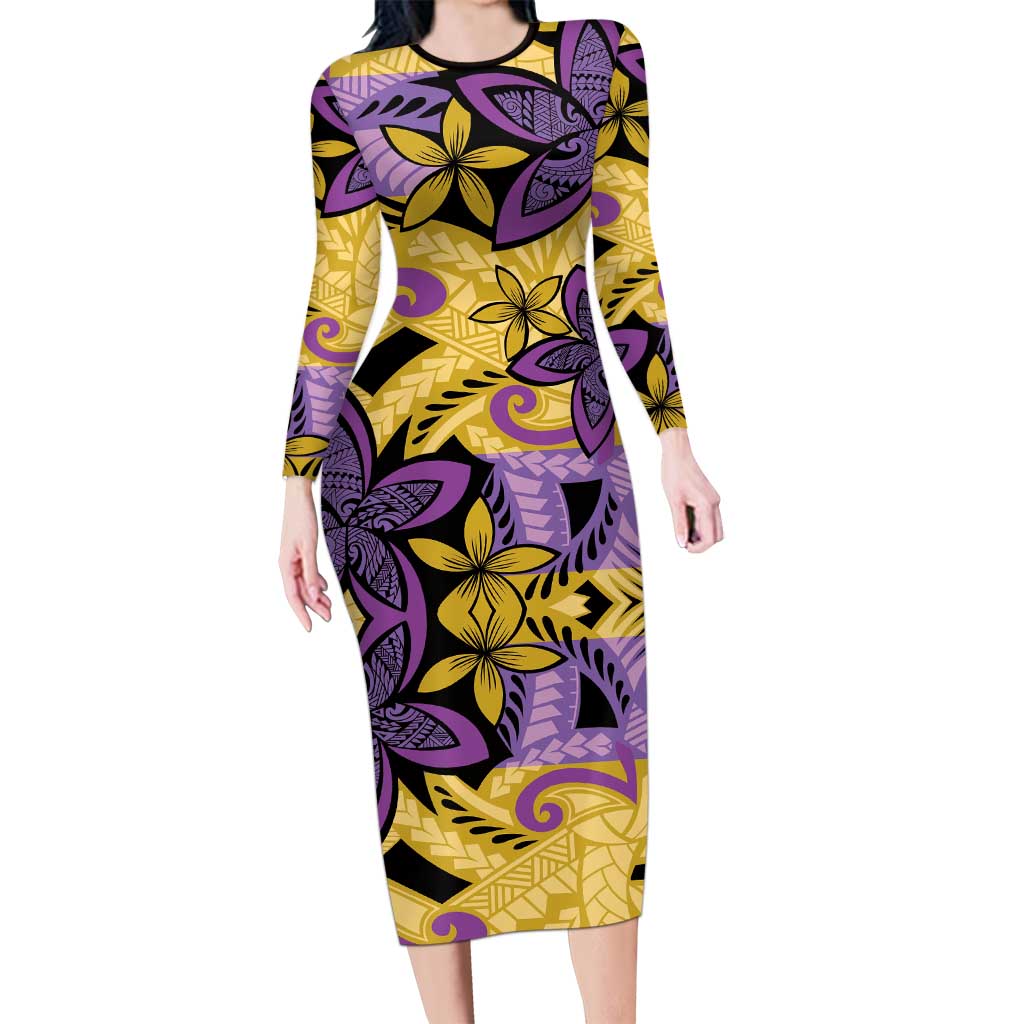Plumeria Polynesian Pattern Long Sleeve Bodycon Dress Unique Fantasy Yellow Purple LT01 Long Dress Yellow - Polynesian Pride