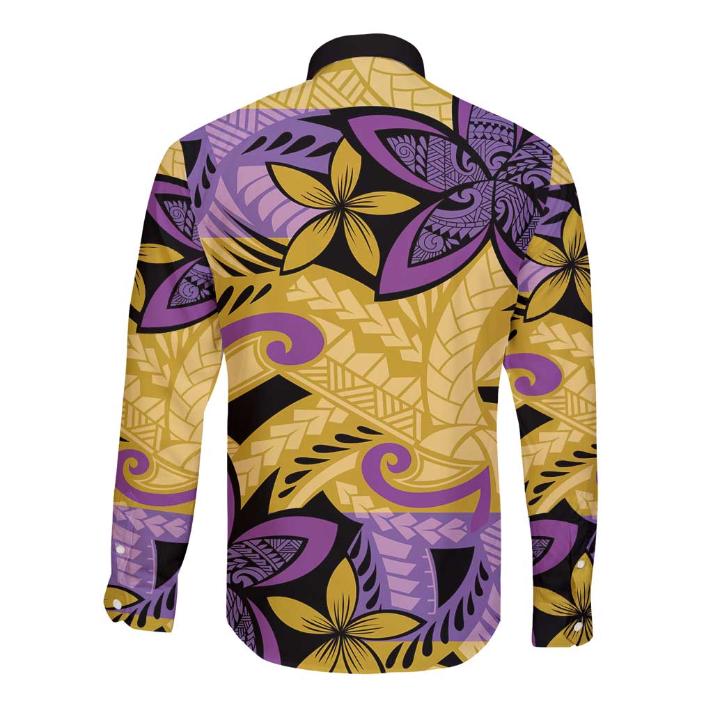 Plumeria Polynesian Pattern Long Sleeve Button Shirt Unique Fantasy Yellow Purple LT01 - Polynesian Pride