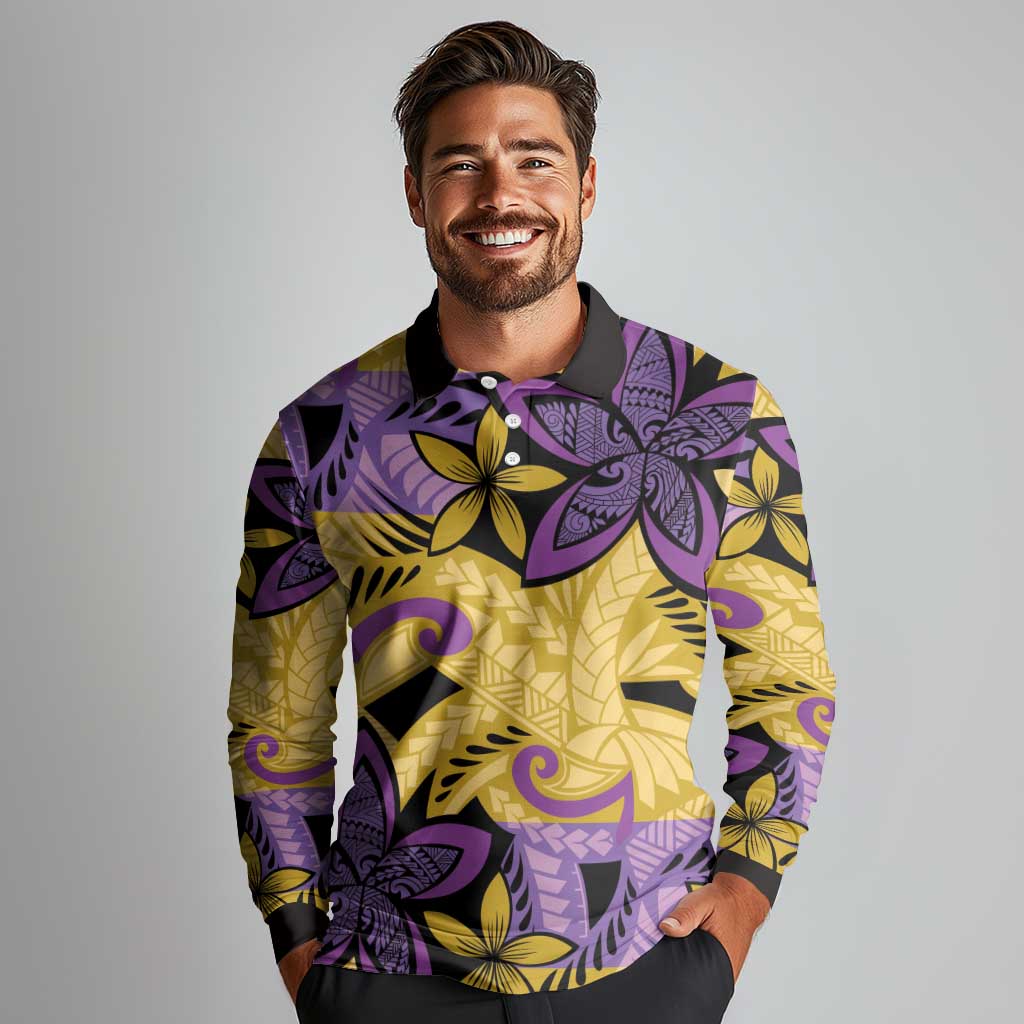 Plumeria Polynesian Pattern Long Sleeve Polo Shirt Unique Fantasy Yellow Purple LT01 - Polynesian Pride