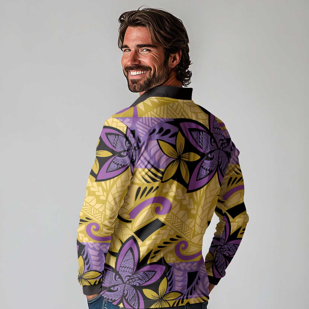 Plumeria Polynesian Pattern Long Sleeve Polo Shirt Unique Fantasy Yellow Purple LT01 - Polynesian Pride