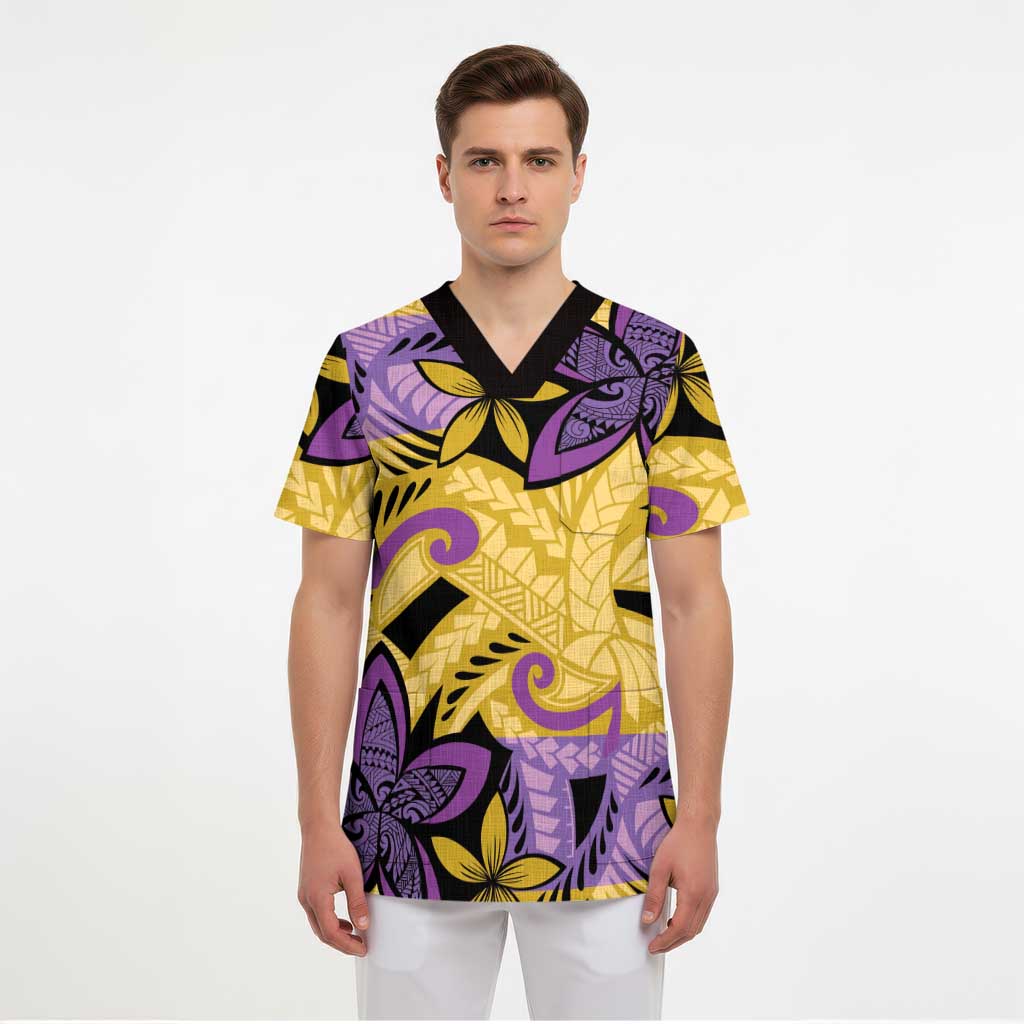 Plumeria Polynesian Pattern Scrub Top Unique Fantasy Yellow Purple LT01 - Polynesian Pride