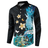 Blue Grunge Polynesian Pattern Button Sweatshirt Plumeria Floral LT01 - Polynesian Pride