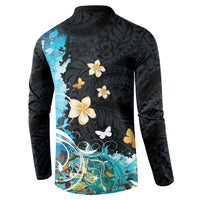 Blue Grunge Polynesian Pattern Button Sweatshirt Plumeria Floral LT01 - Polynesian Pride